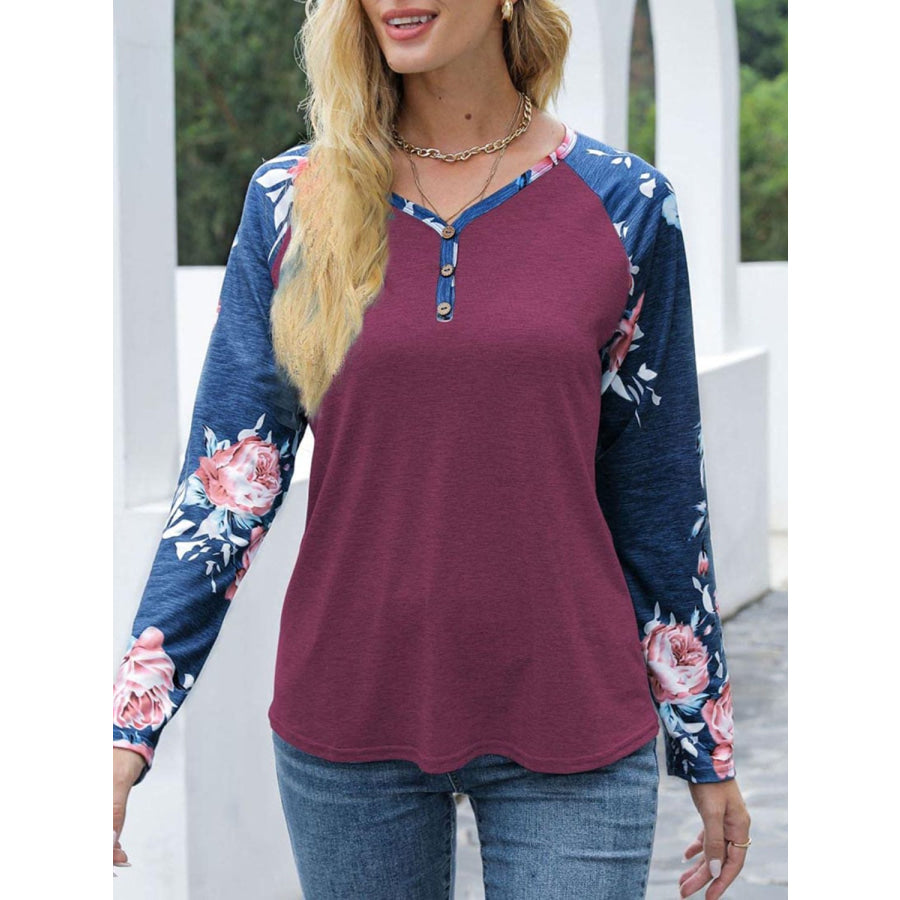 V-Neck Floral Long Sleeve T-Shirt Apparel and Accessories