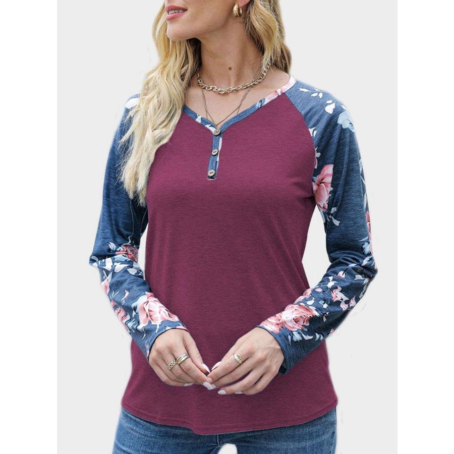 V-Neck Floral Long Sleeve T-Shirt Burgundy / S Apparel and Accessories