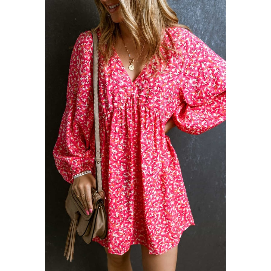 V-Neck Floral Print Long Sleeve Mini Dress Strawberry / S