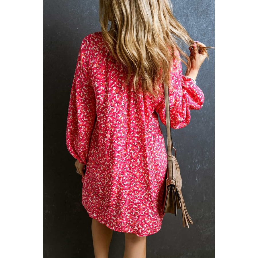 V-Neck Floral Print Long Sleeve Mini Dress