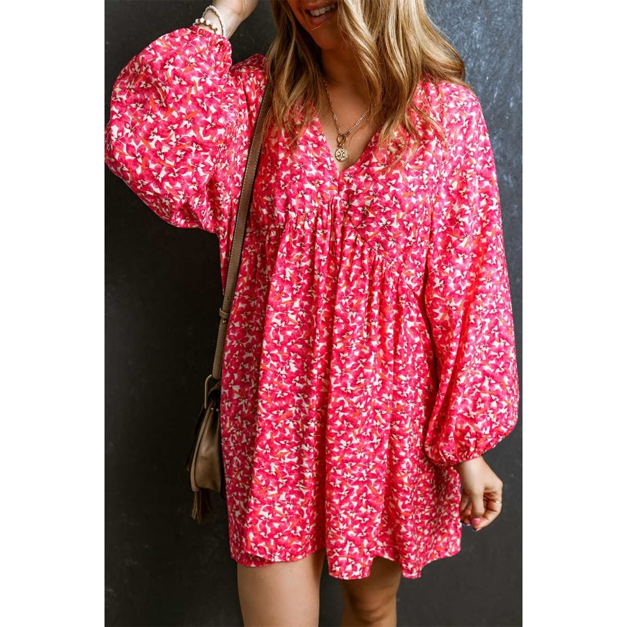 V-Neck Floral Print Long Sleeve Mini Dress