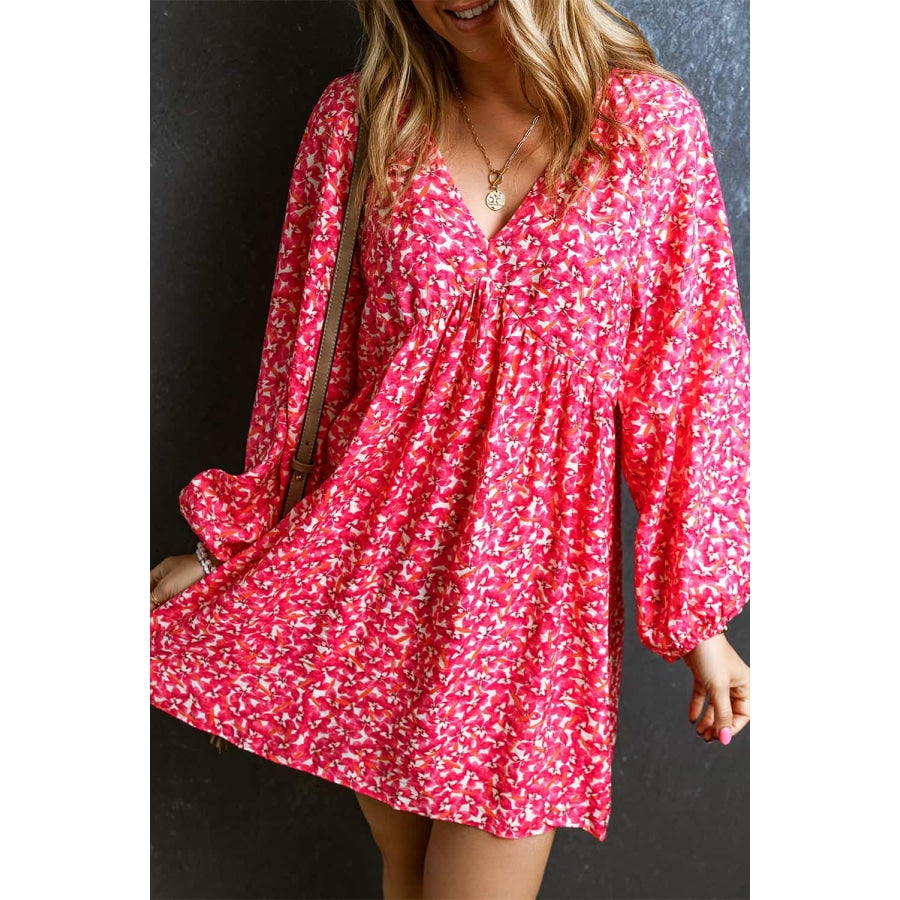 V-Neck Floral Print Long Sleeve Mini Dress