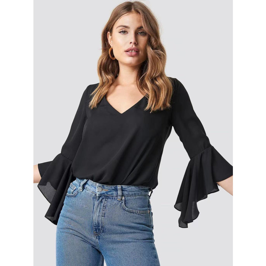 V-Neck Flounce Sleeve Blouse Black / S Apparel and Accessories