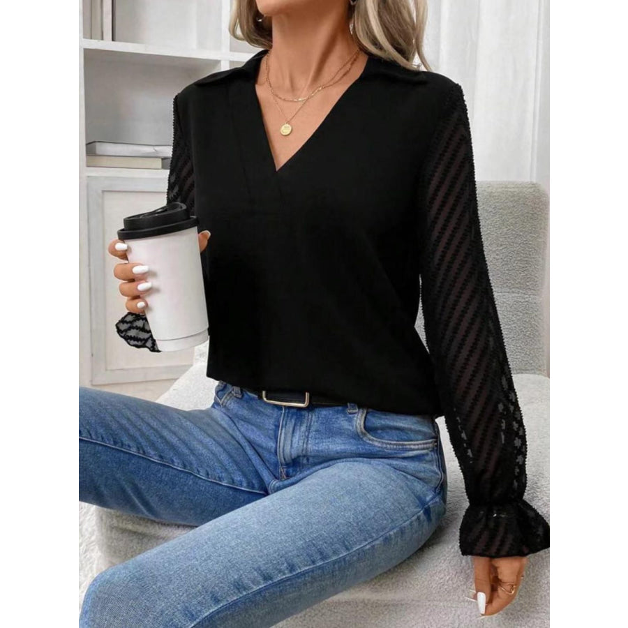 V-Neck Flounce Sleeve Blouse Black / S Apparel and Accessories