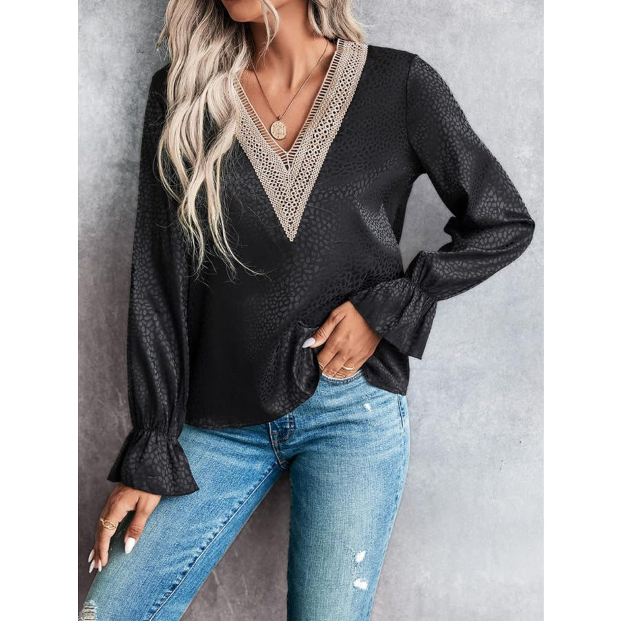 V-Neck Flounce Sleeve Blouse Black / S Apparel and Accessories