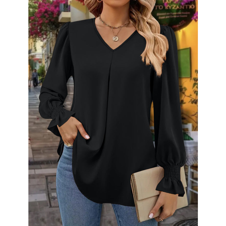 V-Neck Flounce Sleeve Blouse Black / S Apparel and Accessories