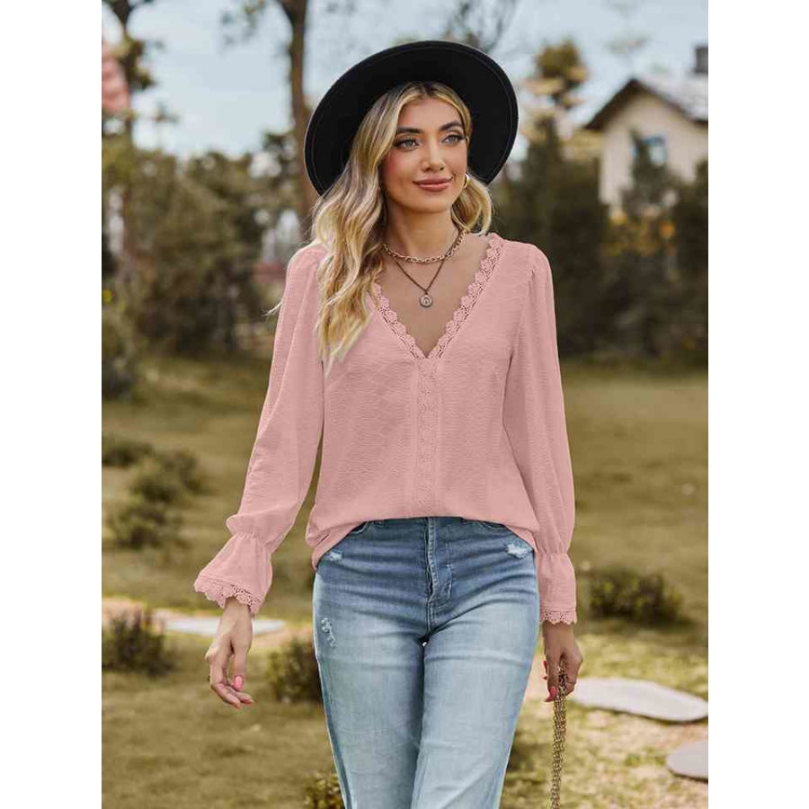 V-Neck Flounce Sleeve Blouse Blush Pink / S