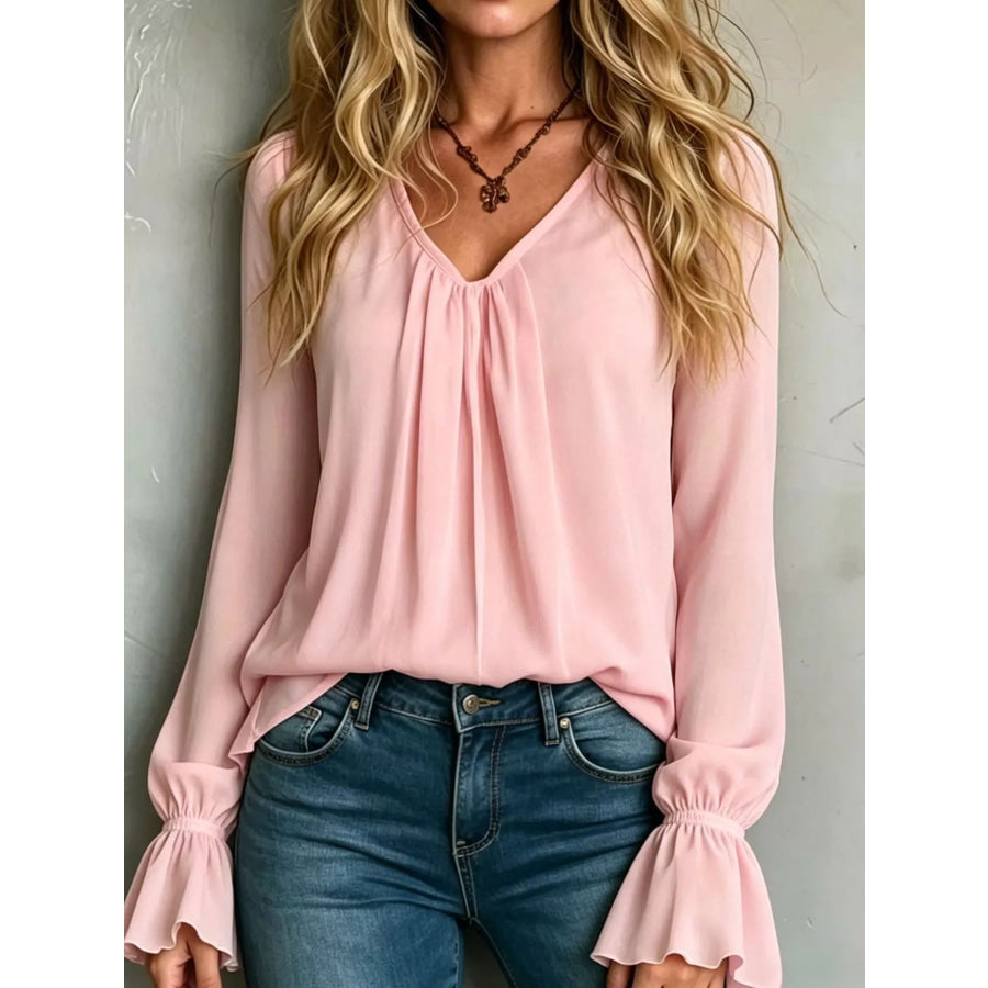 V-Neck Flounce Sleeve Blouse Dusty Pink / S Apparel and Accessories