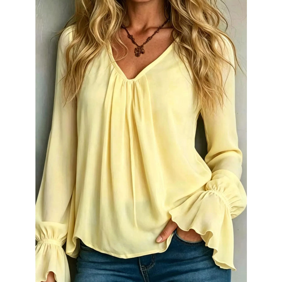 V-Neck Flounce Sleeve Blouse Pastel Yellow / S Apparel and Accessories