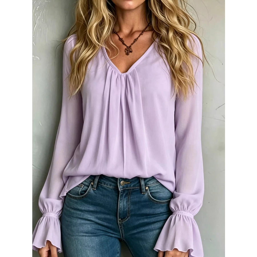 V-Neck Flounce Sleeve Blouse Pink Purple / S Apparel and Accessories