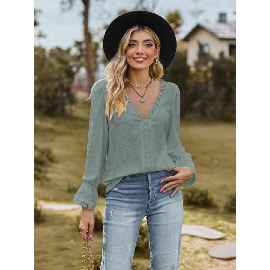 V-Neck Flounce Sleeve Blouse Sage / S