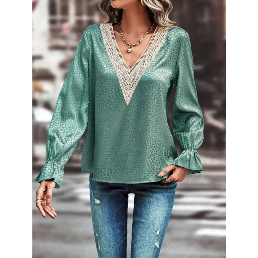 V-Neck Flounce Sleeve Blouse Teal / S Apparel and Accessories