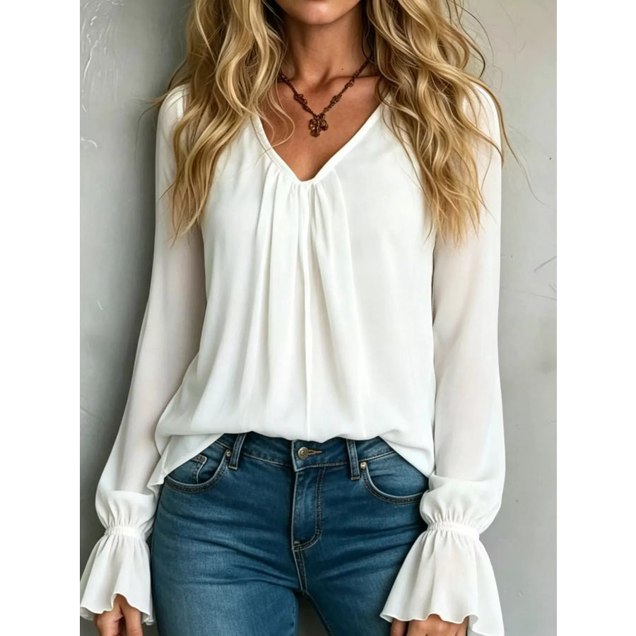 V-Neck Flounce Sleeve Blouse White / S Apparel and Accessories