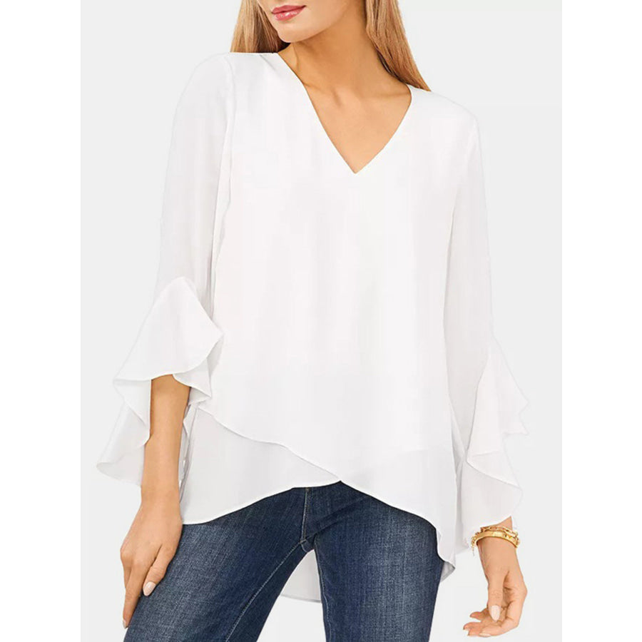 V-Neck Flounce Sleeve Blouse White / S Apparel and Accessories