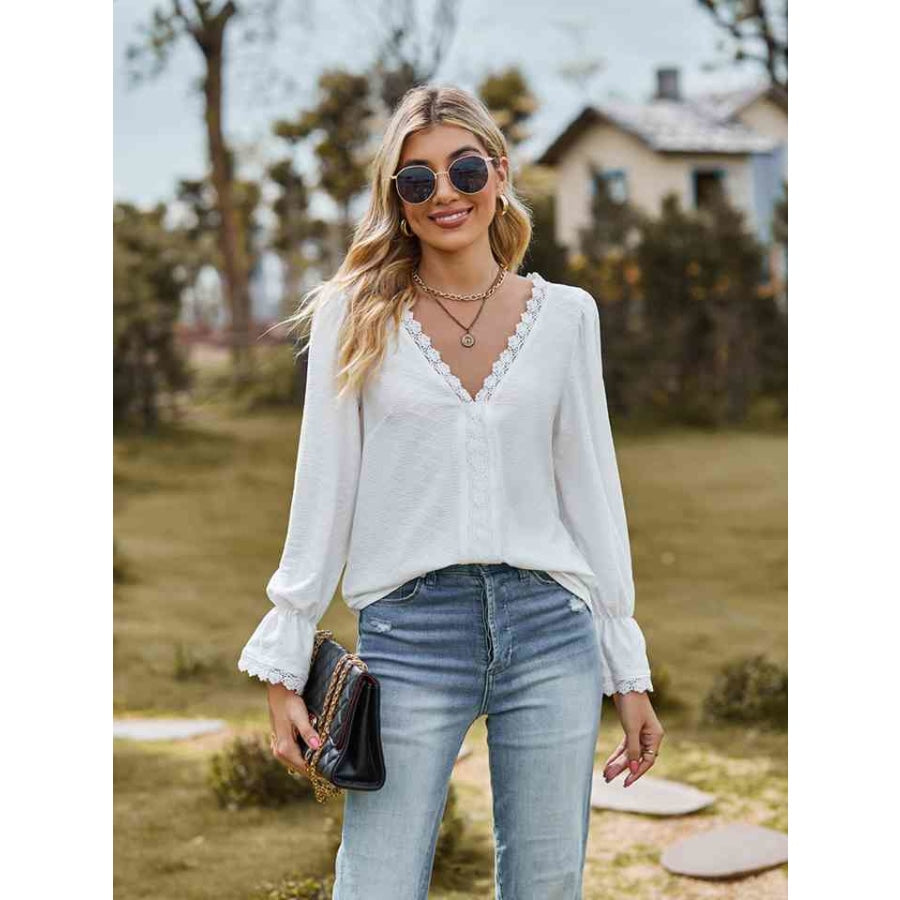 V-Neck Flounce Sleeve Blouse White / S