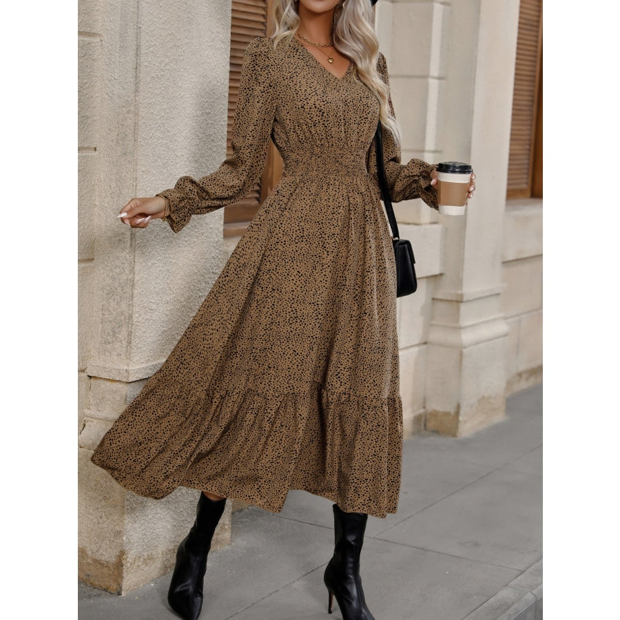 V-Neck Flounce Sleeve Ruffle Hem Dress