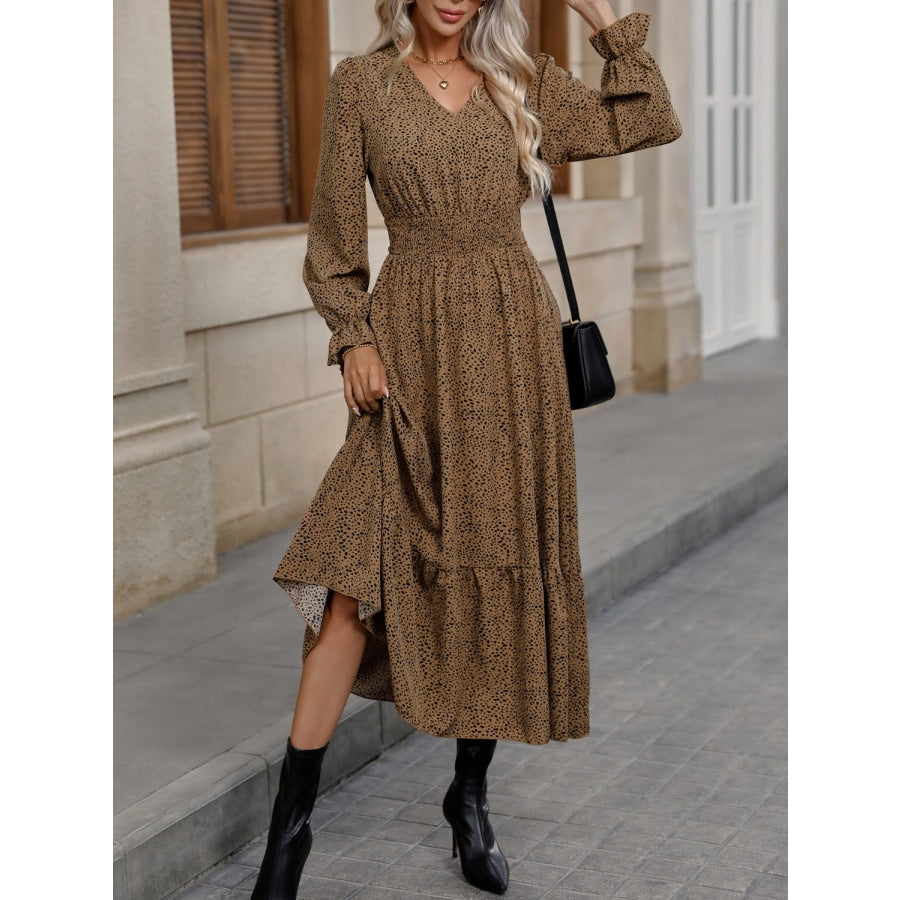 V-Neck Flounce Sleeve Ruffle Hem Dress