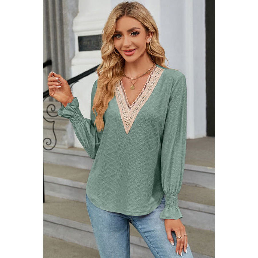 V - Neck Flounce Sleeve T - Shirt Gum Leaf / S Apparel and Accessories