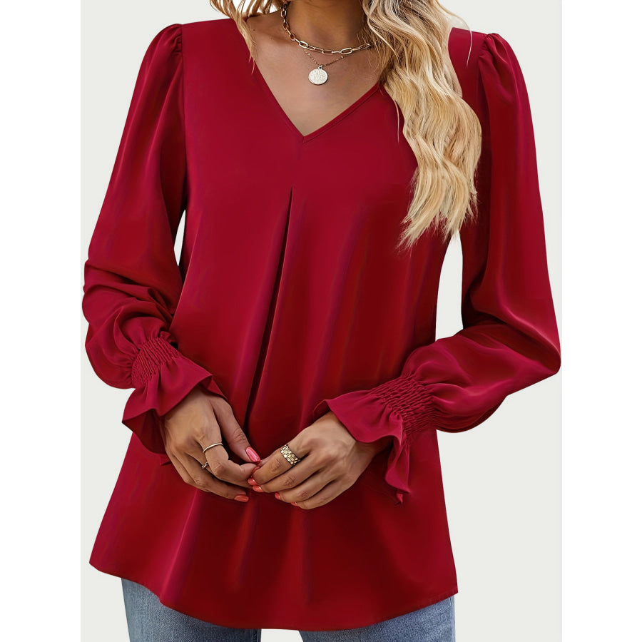 V-Neck Flounce Sleeve Top Deep Red / S Apparel and Accessories
