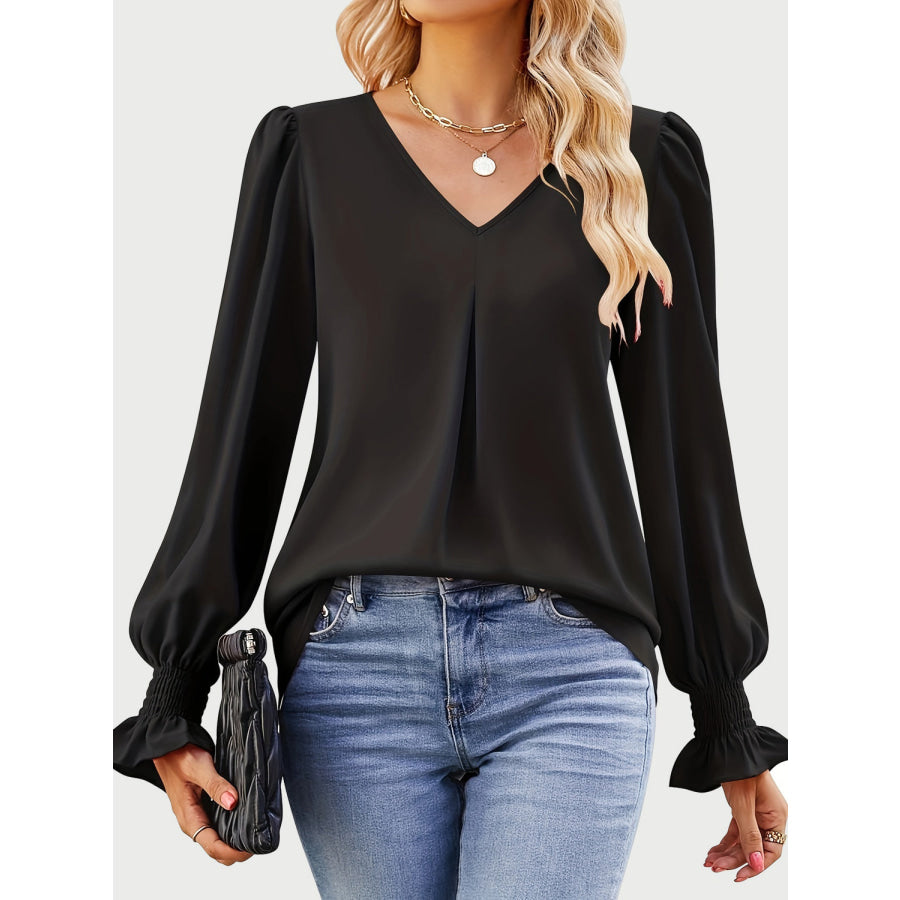 V-Neck Flounce Sleeve Top Black / S Apparel and Accessories