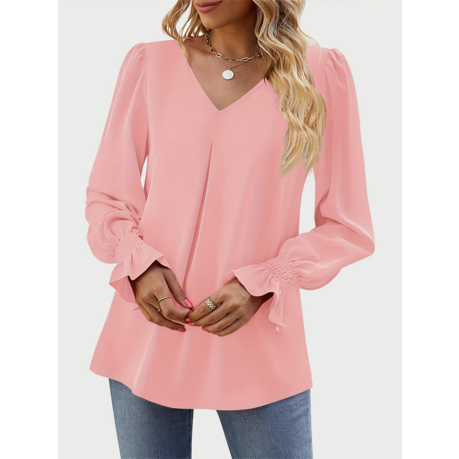 V-Neck Flounce Sleeve Top Blush Pink / S Apparel and Accessories