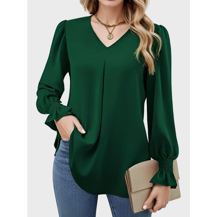 V-Neck Flounce Sleeve Top Dark Green / S Apparel and Accessories