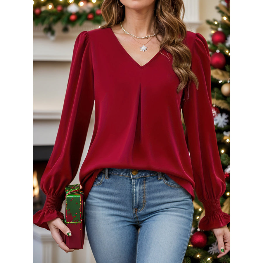 V-Neck Flounce Sleeve Top Deep Red / S Apparel and Accessories
