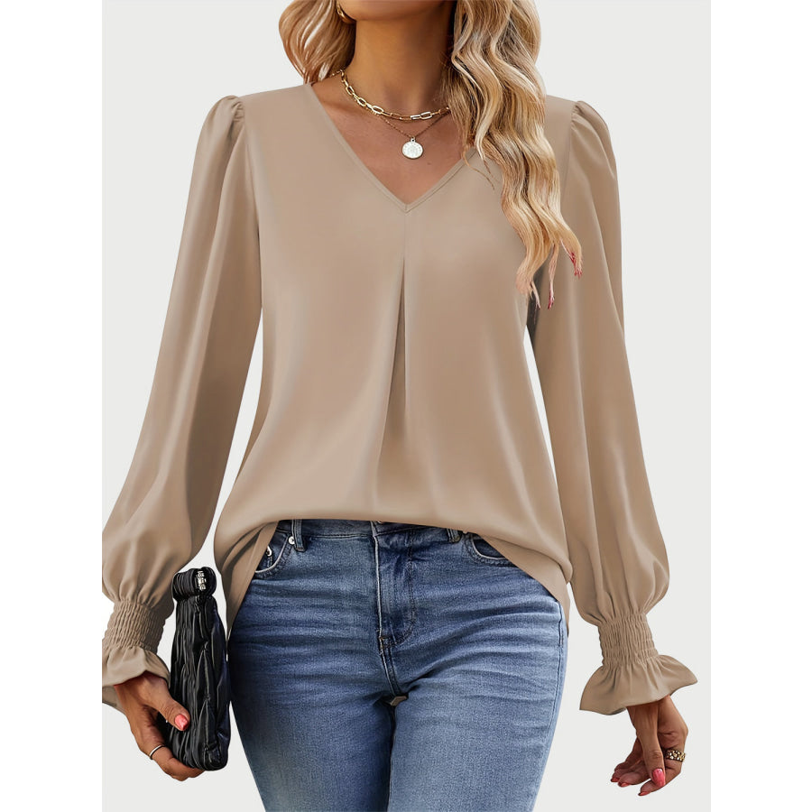 V-Neck Flounce Sleeve Top Dust Storm / S Apparel and Accessories