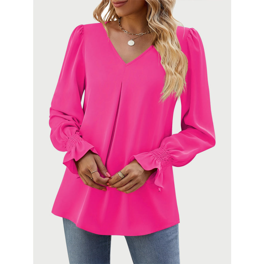 V-Neck Flounce Sleeve Top Hot Pink / S Apparel and Accessories