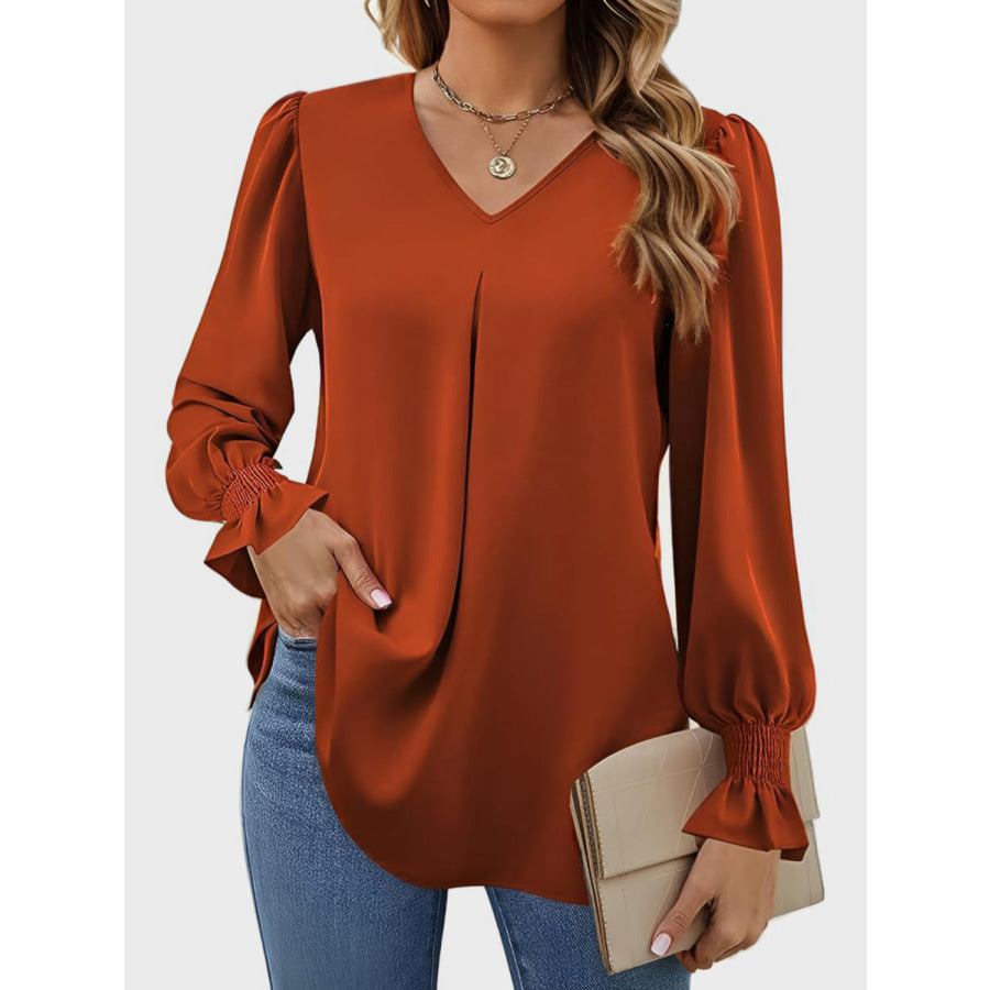 V-Neck Flounce Sleeve Top Terracotta / S Apparel and Accessories