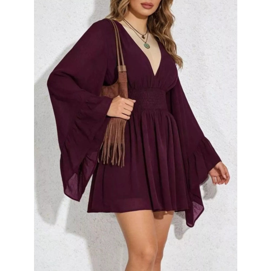 V-Neck Flowy Long Sleeve Mini Dress Apparel and Accessories