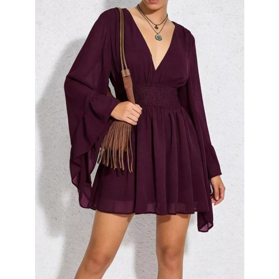 V-Neck Flowy Long Sleeve Mini Dress Apparel and Accessories
