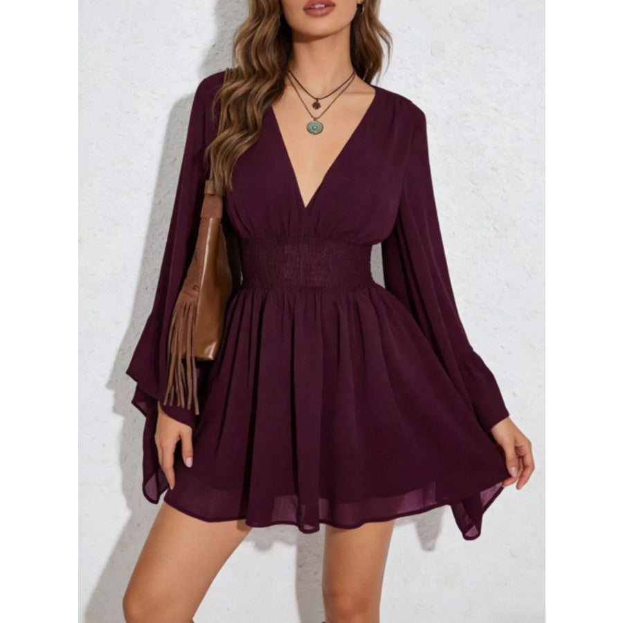 V-Neck Flowy Long Sleeve Mini Dress Burgundy / XXS Apparel and Accessories