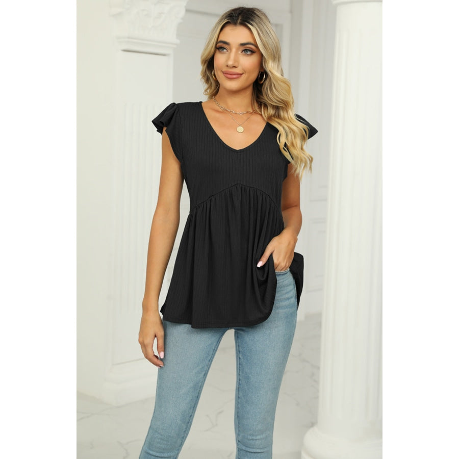 V-Neck Flutter Sleeve Babydoll Blouse Black / S