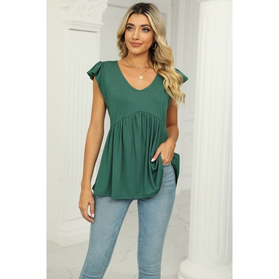 V-Neck Flutter Sleeve Babydoll Blouse Mid Green / S