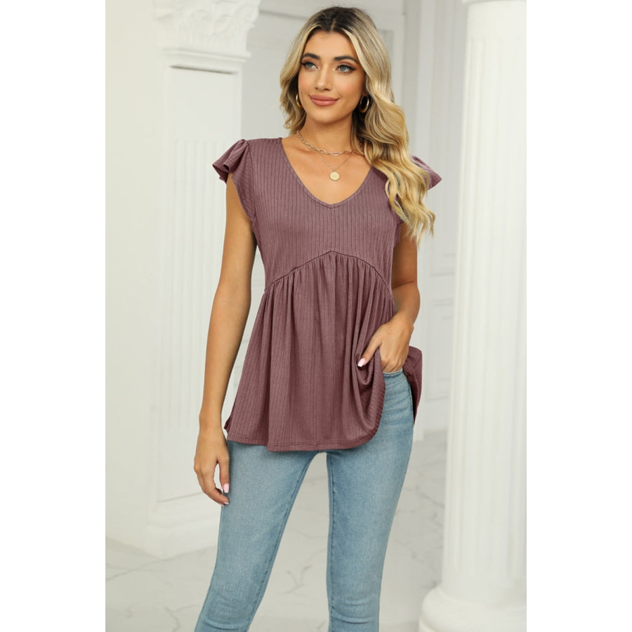 V-Neck Flutter Sleeve Babydoll Blouse Mocha / S