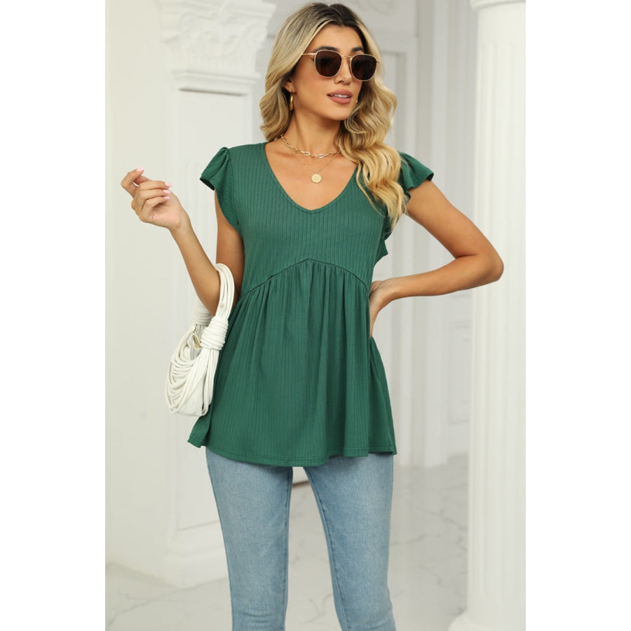 V-Neck Flutter Sleeve Babydoll Blouse