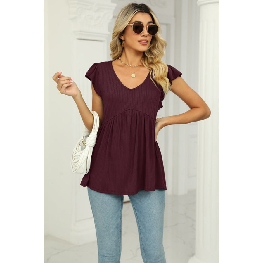 V-Neck Flutter Sleeve Babydoll Blouse