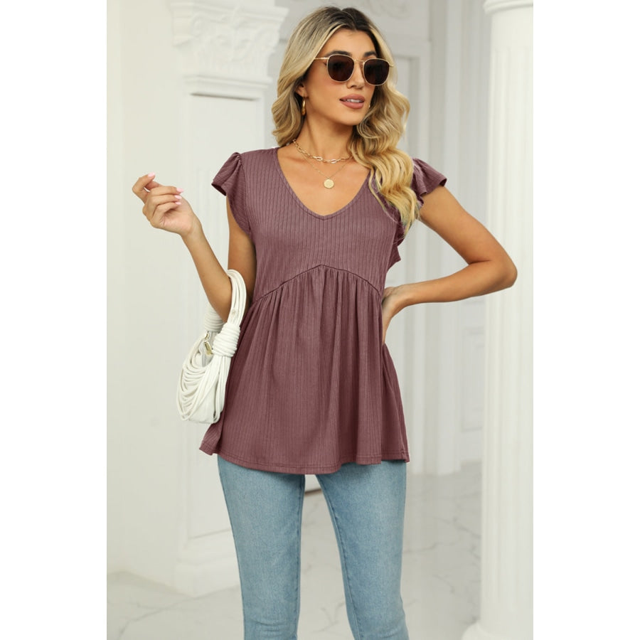 V-Neck Flutter Sleeve Babydoll Blouse