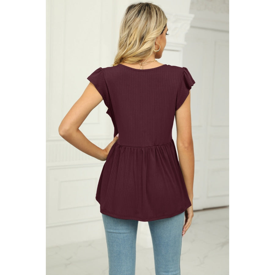 V-Neck Flutter Sleeve Babydoll Blouse Wine / S