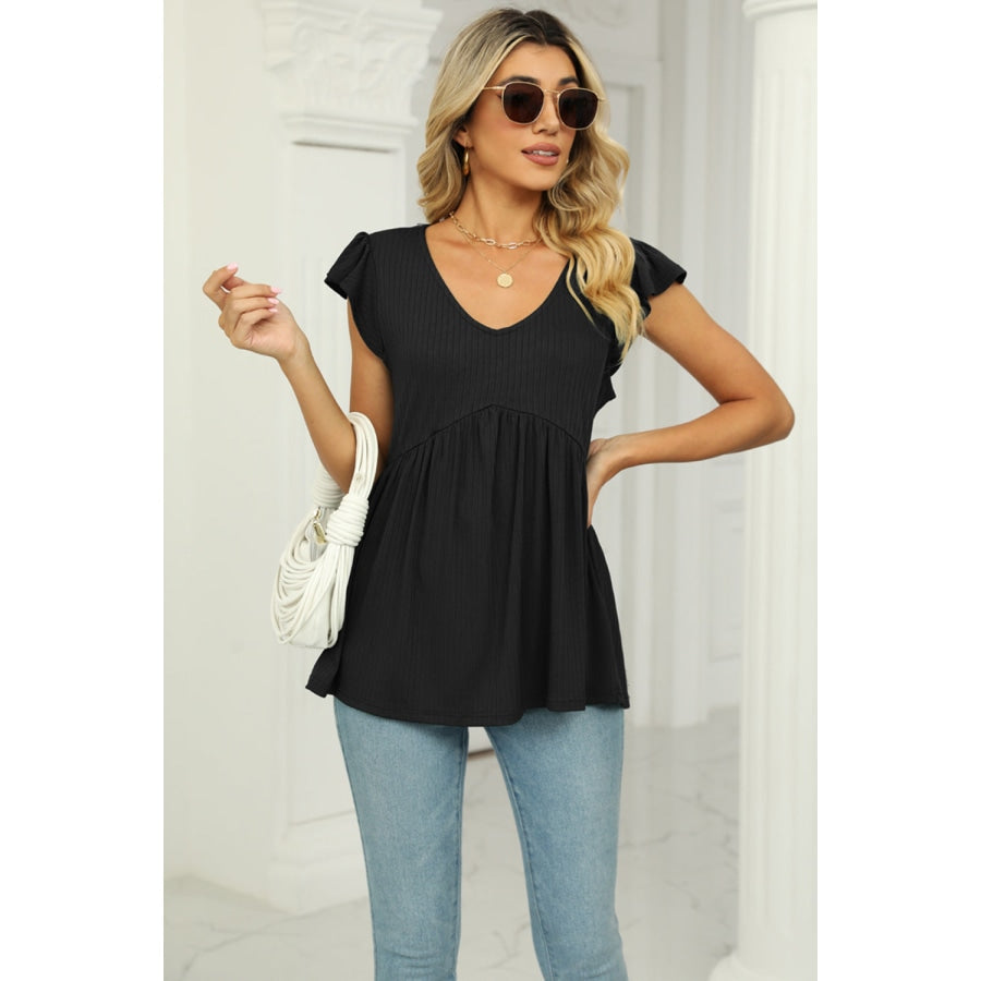 V-Neck Flutter Sleeve Babydoll Blouse