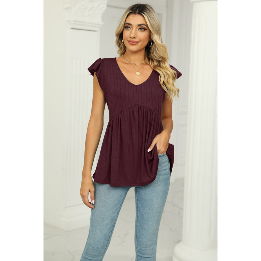 V-Neck Flutter Sleeve Babydoll Blouse Wine / S