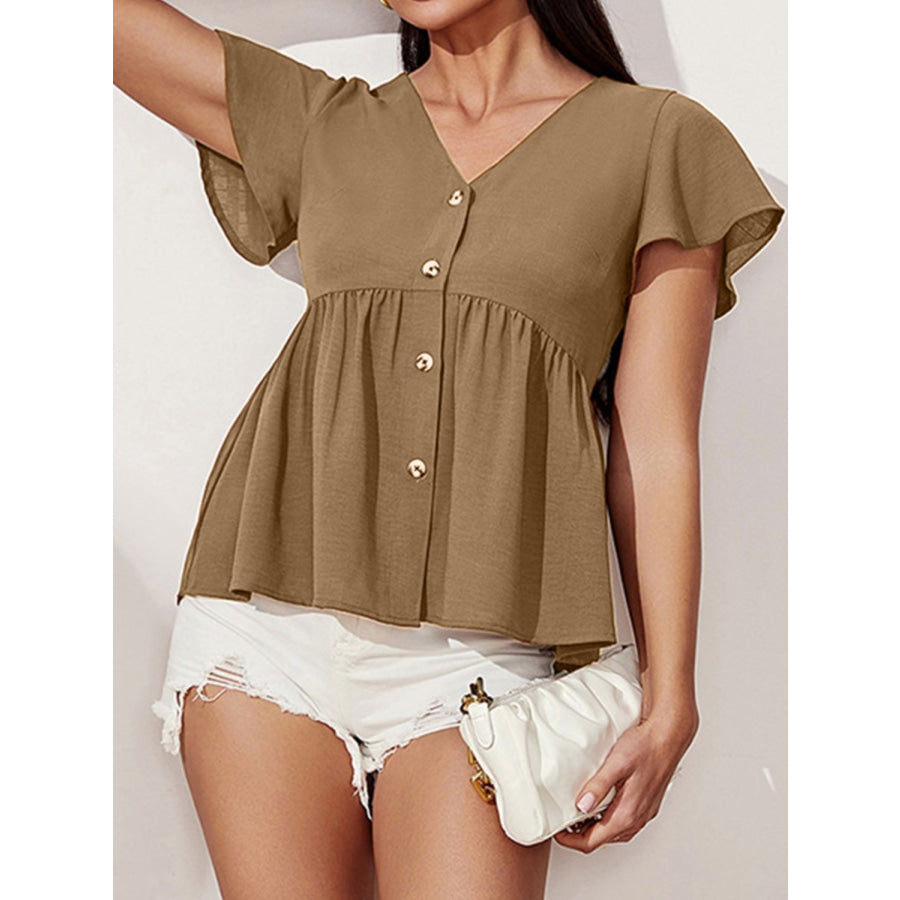 V - Neck Flutter Sleeve Blouse Apparel and Accessories