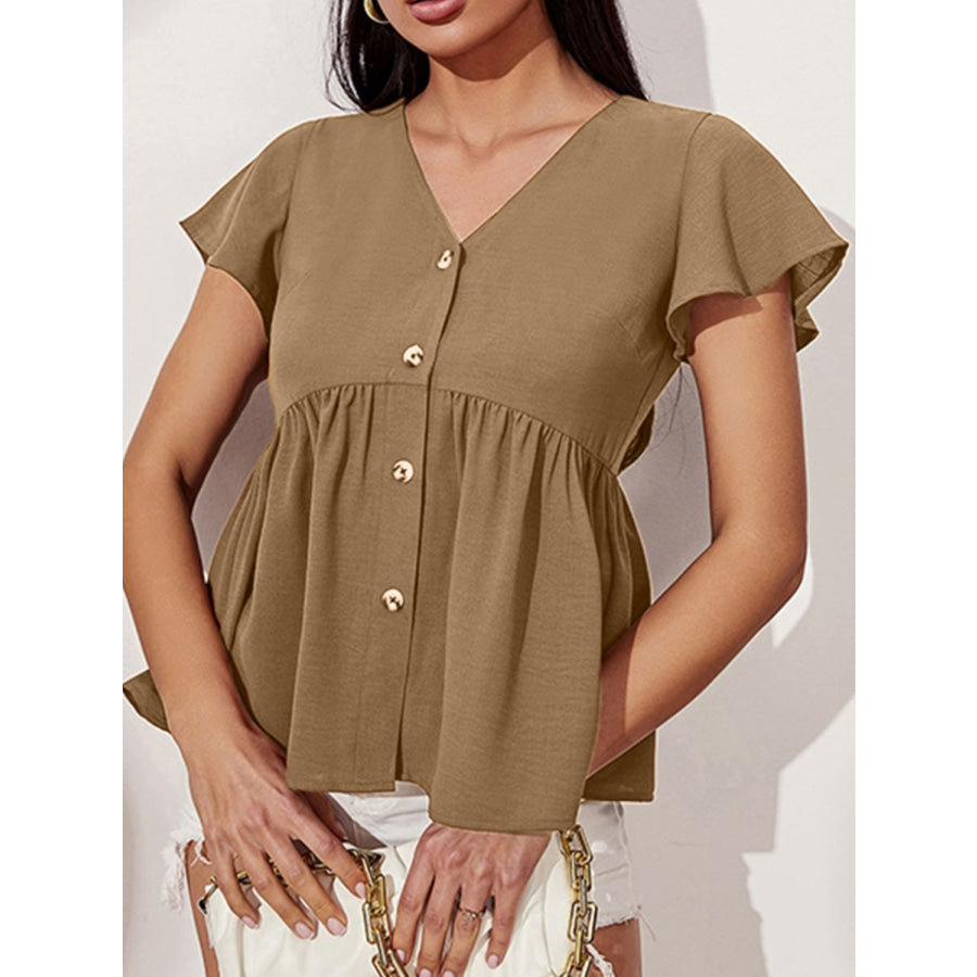 V - Neck Flutter Sleeve Blouse Taupe / XS Apparel and Accessories