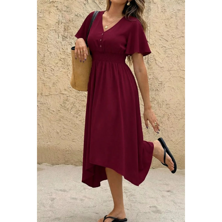 V-Neck Flutter Sleeve Midi Dress Apparel and Accessories