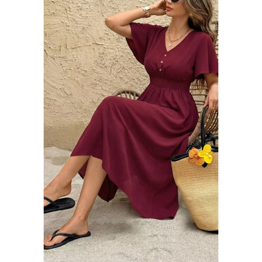 V-Neck Flutter Sleeve Midi Dress Apparel and Accessories
