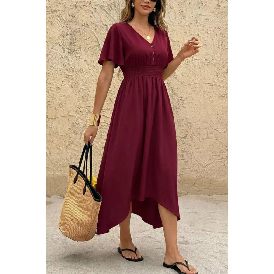 V-Neck Flutter Sleeve Midi Dress Burgundy / S Apparel and Accessories