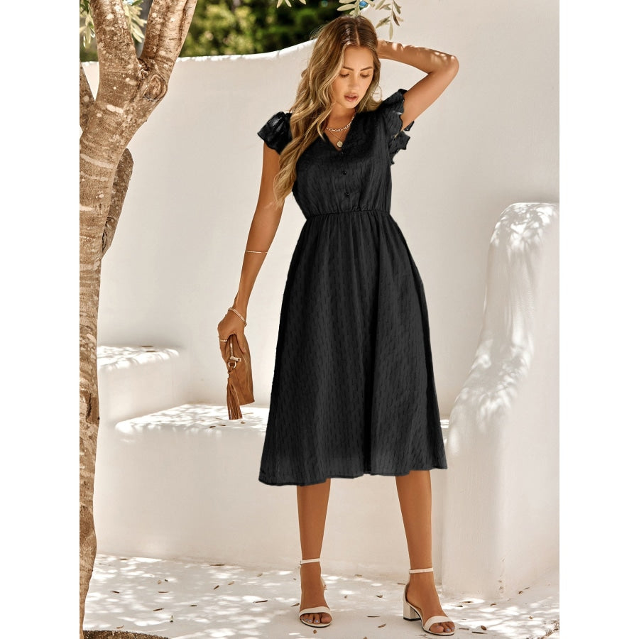 V-Neck Flutter Sleeve Midi Dress