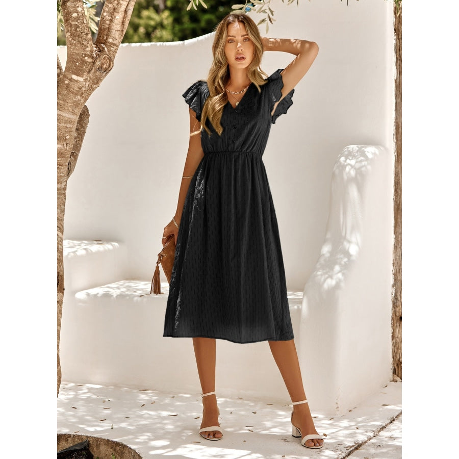 V-Neck Flutter Sleeve Midi Dress