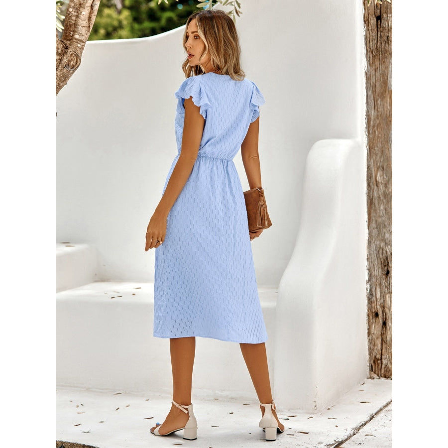 V-Neck Flutter Sleeve Midi Dress Pastel Blue / S